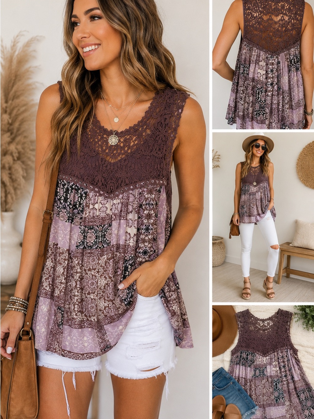 Boho Crochet Lace Patchwork Tank Top Mauve Taupe Flowy Sleeveless Blouse